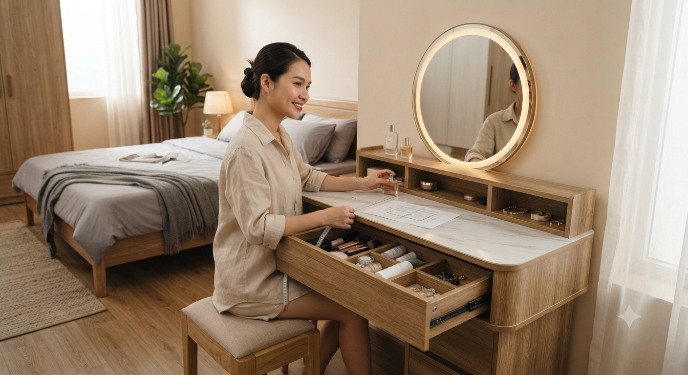 Bí quyết chọn kích thước bàn trang điểm phù hợp với thực tế