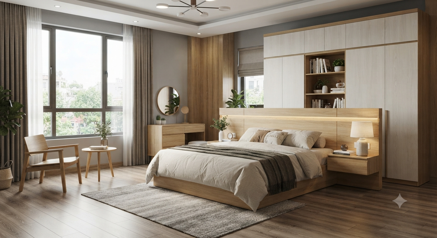 Cách phối hợp các vật dụng nội thất gỗ trong phòng ngủ