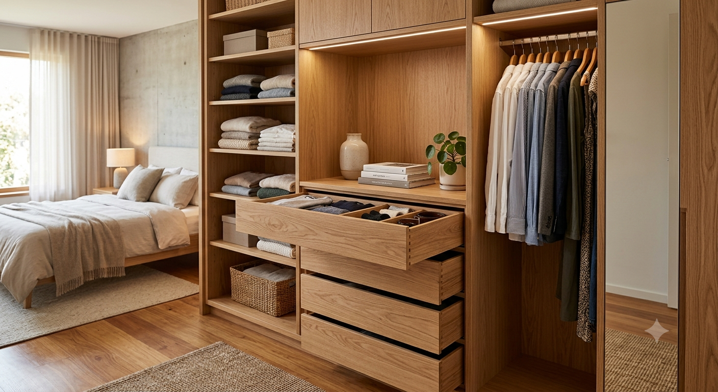 Đặc điểm thiết kế của tủ quần áo hiện đại kết hợp ngăn kéo và kệ để đồ